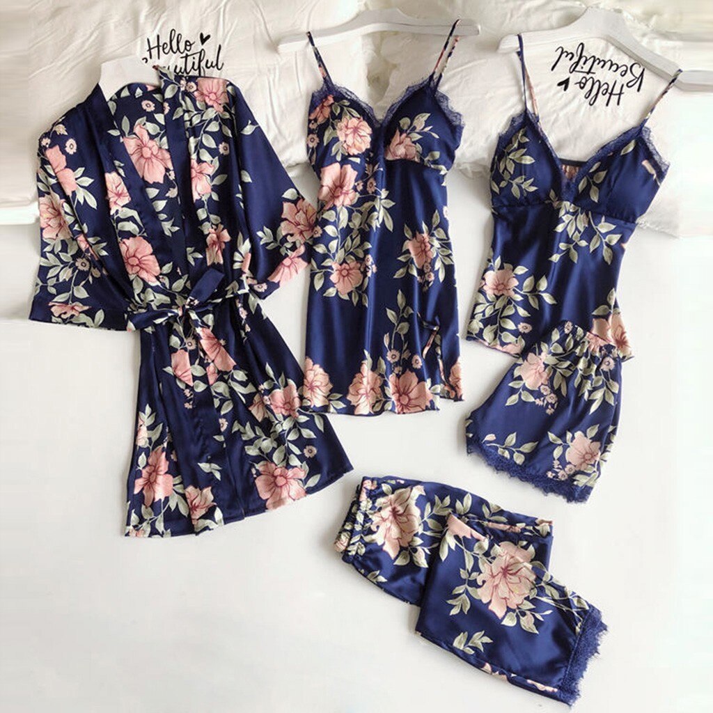 Pijama de satén de 5 piezas para mujer, ropa de dormir de retales de encaje, para boda, de rayón, para el hogar