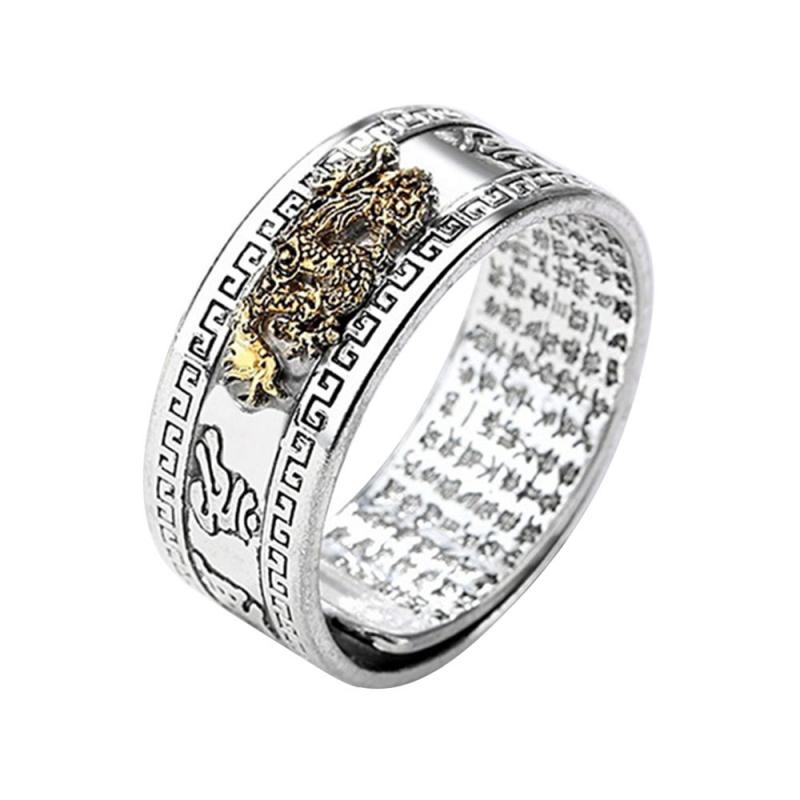 Feng Shui Pixiu Mani Mantra Wealth Ring Lucky Retro Silver Male: 03Flying dragon