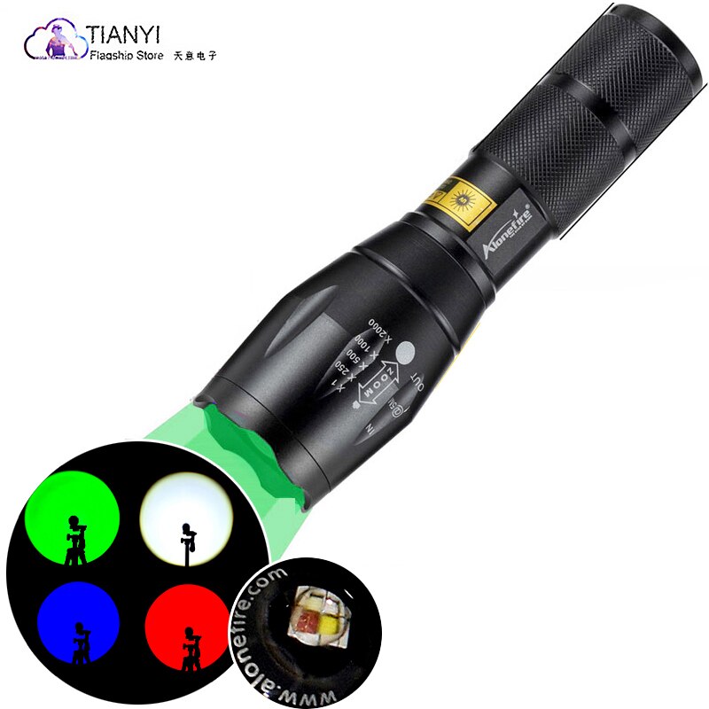 Multi-function strong light A100 telescopic focusing flashlight red/white/blue/green four-color switching household flashlight