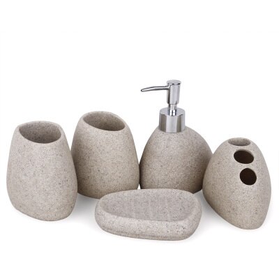 5 i 1 sett sett sandfarge harpiks bad ensemble bad sett såpeskål lotion dispenser tannbørsteholder kopp med lampe skuff vase: 5 stk hvit