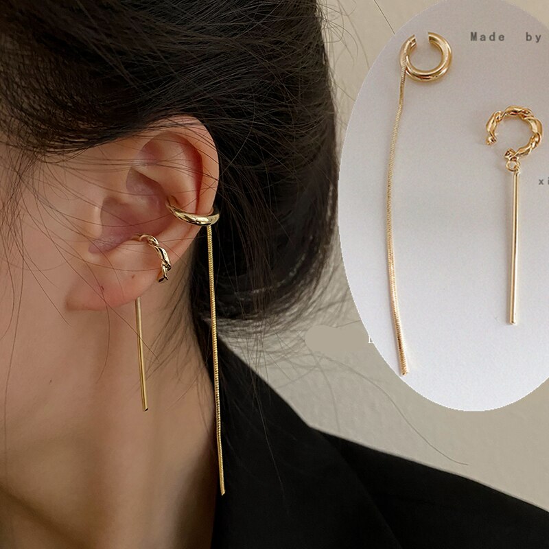 Huanzhi simpel guld metal asymmetri lang kvast ingen piercing øre manchet krystal krog klip øreringe til kvinder smykker: D
