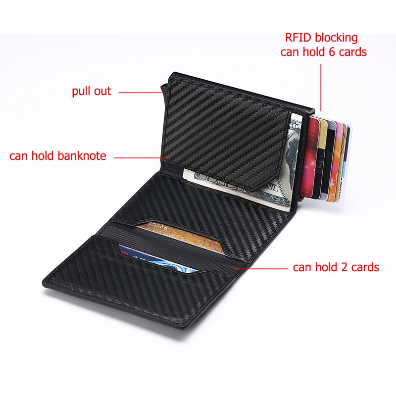 Cartera de cuero Pop Up funda de tarjeta imán de fibra de carbono monedero caja de aluminio Tarjeta de la cartera RFID hombres cartera titular de la tarjeta