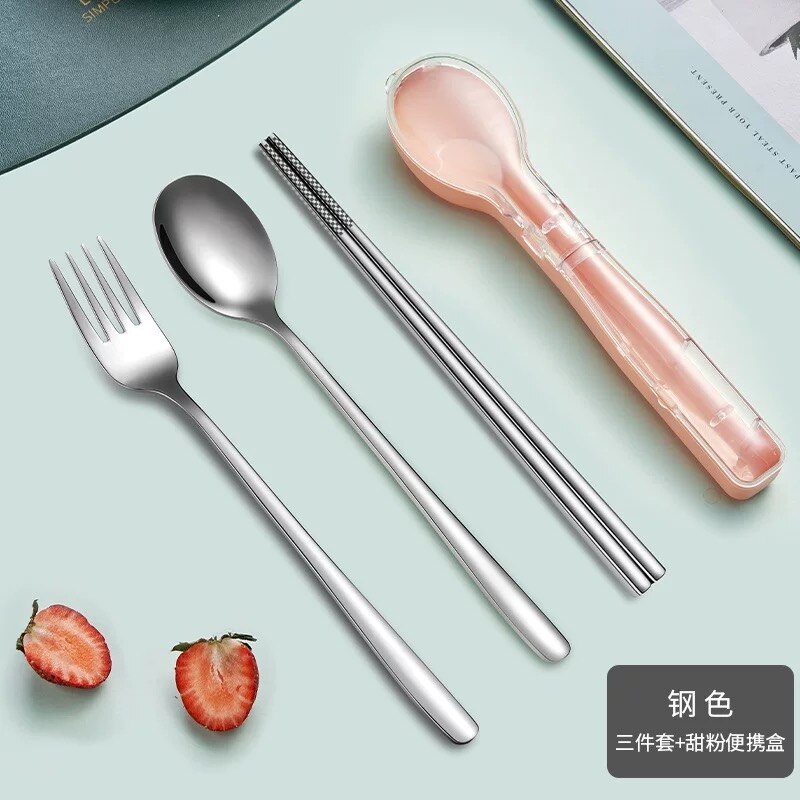 304 Stainless Steel Chopsticks Spoon fork Set Cutlery Set Flatware Set Tableware Soup Spoon Portable Cultery With Box: Stainless-3PCS-Pink