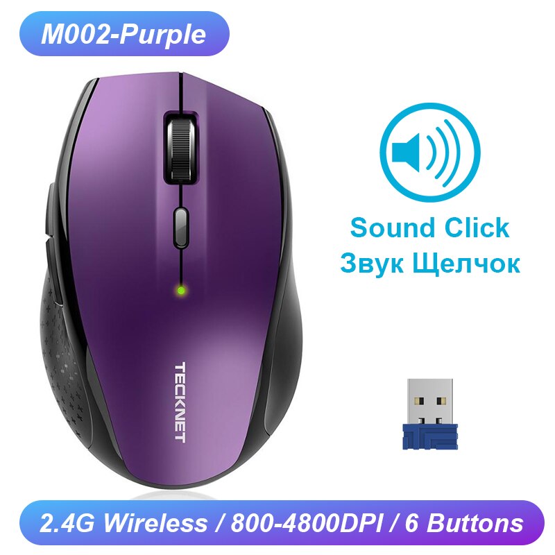 TeckNet Computer Wireless Gaming Mouse 6 Buttons 2400 DPI Mause 2.4G Receiver USB Optical Ergonomic Mouse Gamer Wireless For Lap: M002 Purple