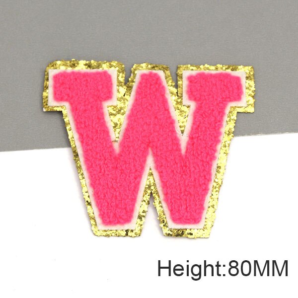 Parche con letras bordadas de rosas grandes de 80MM para ropa, parches de chenilla con lentejuelas doradas, apliques para planchar, camiseta con nombre DIY, pantalones vaqueros: Rosa