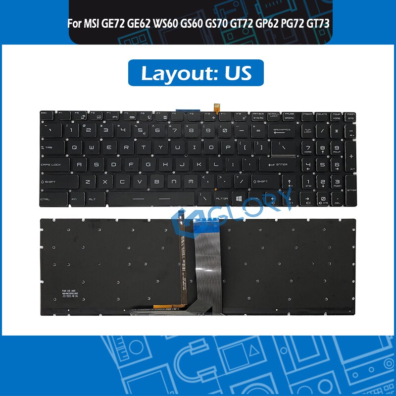 New EUA Keyboard w/Retroiluminado para MSI GE72 GE62 WS60 GS60 GS70 GT72 GP62 GP72 GT73VR GS72 GL62VR Teclado substituição