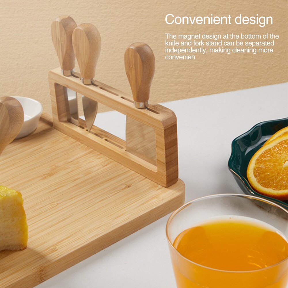Bamboo Cheese Board Cutlery Knif Set With Slide Out Drawer 4 Knives Cooking Tools Cheese Knife Cheese Slicer Fork Scoop