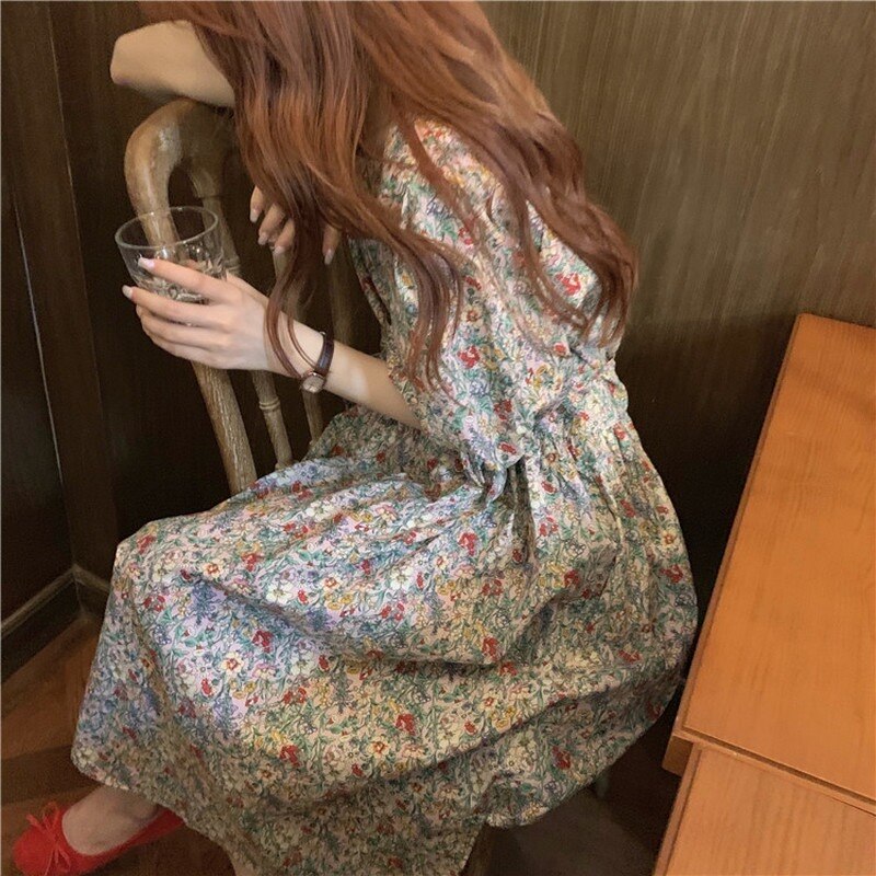 Ezgaga floral impresso vestido feminino estilo francês vintage meia manga sopro 2021 primavera verão menina terno vestidos elegantes