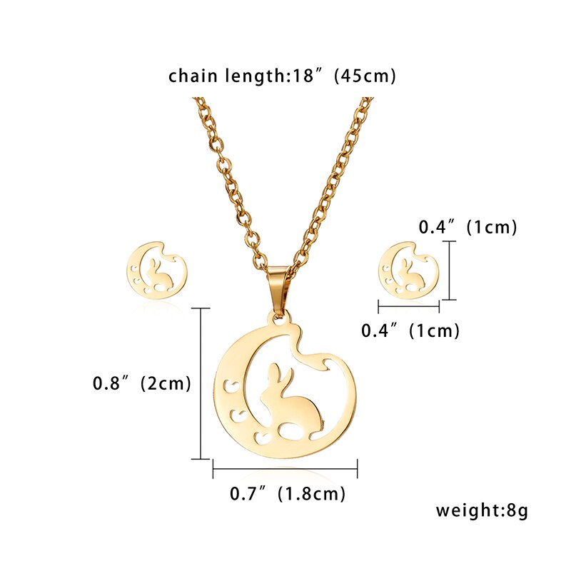 Rinhoo Cute Cat Pig Horse Gold Color Stainless Steel Sets Pineapple Heart Deer Necklace Earrings Jewelry Set Wedding Jewelry: rabbit