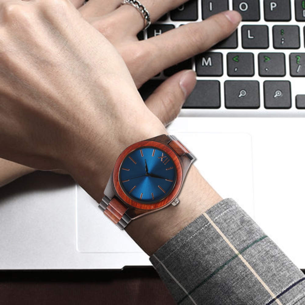 Houten horloges volledig houten band saffierblauw/donkerbruine wijzerplaat quartz horloge handgemaakte polshorloges heren dames