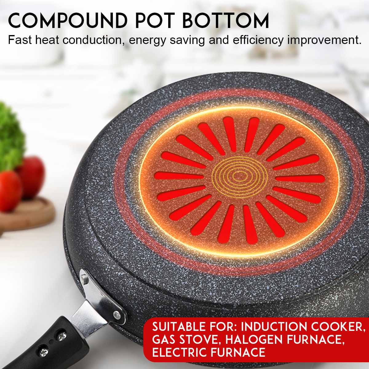 26/28/30cm Marble Stone Non-stick Copper Frying Pan with Six-layer Casting Ceramic Coating Induction Cooking Gas Cooker Pan