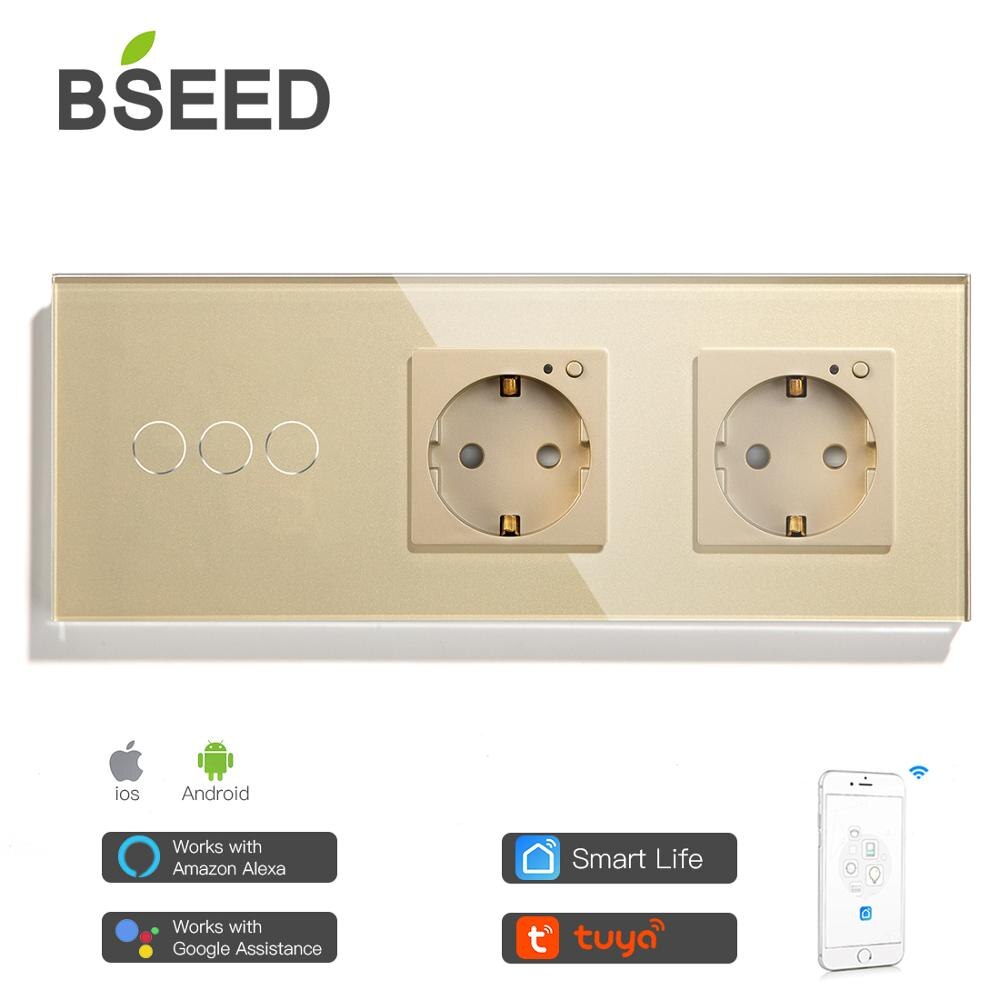 BSEED 3 Gang Smart Light Switch With Double Wall Socket 3 Colors Wall Switch 228mm Crystal Glass Panel Work With Tuya App