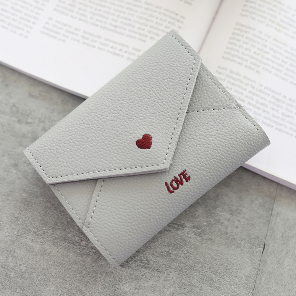 Heart Pattern Portable Mini PU Leather Multifunctional Small Embroidery Coin Pocket Three Fold Card Slots Women Wallet