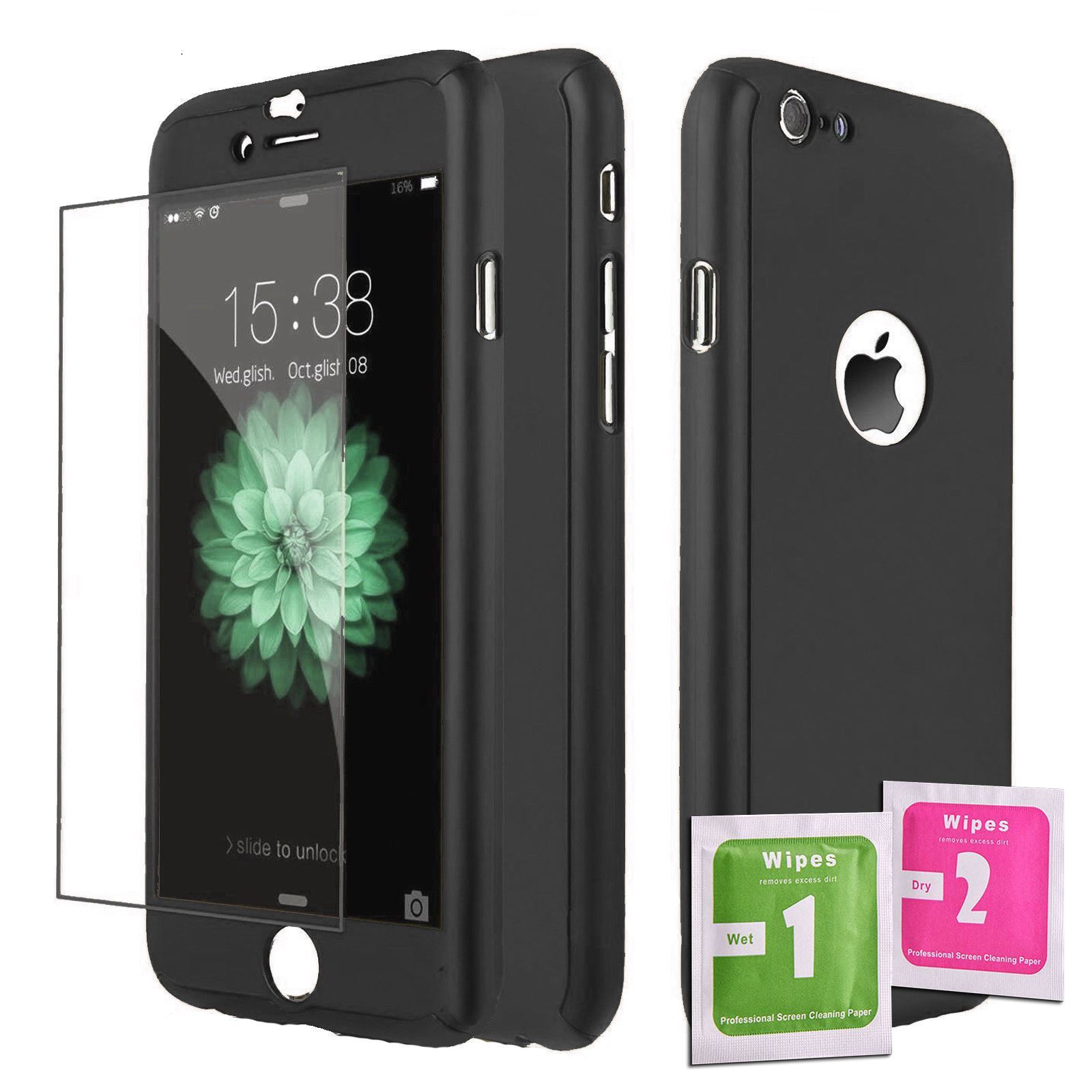 Funda 360° Hibrida para IPHONE 6 / 6S NEGRO + Cristal Templado Carcasa Delantera y Trasera máxima