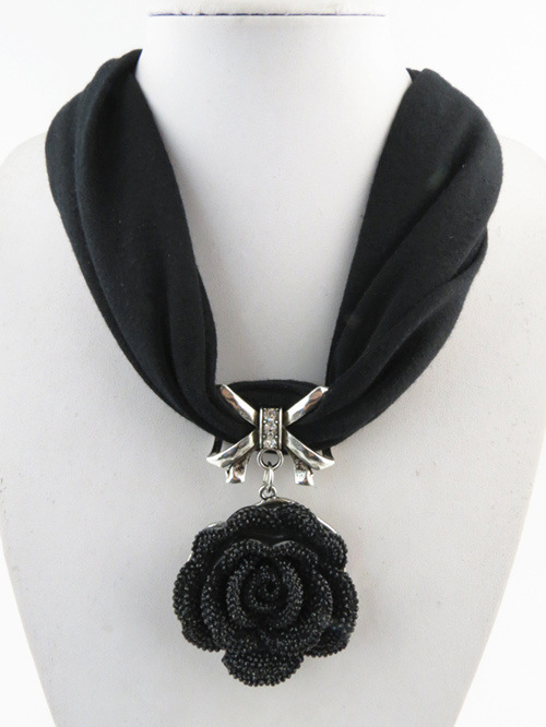 Classic Black Rose Flower Pendant Tassel Scarf Necklace Soft Cotton Neck Wrap Party Short Polyester Scarf Women: 1