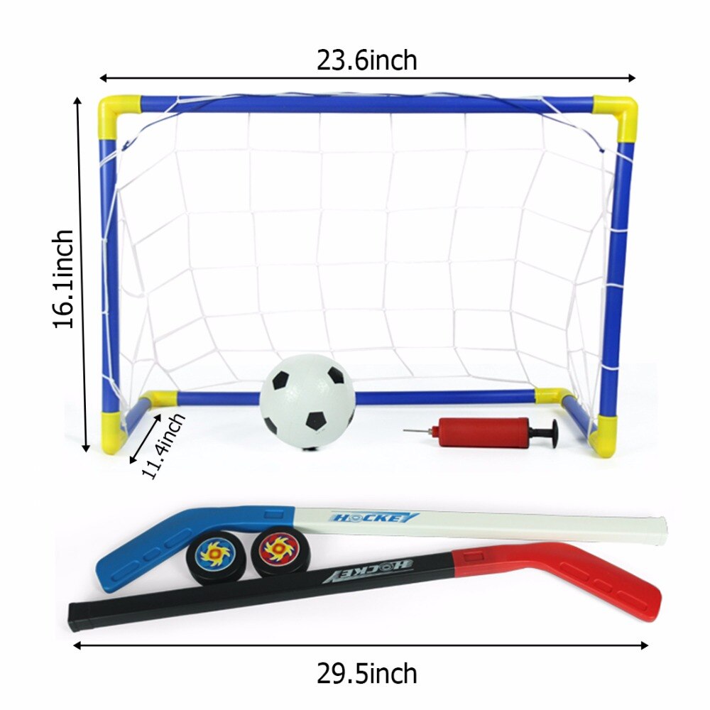 2 en 1, deportes al aire libre/interior para niños, portería de fútbol y Hockey sobre hielo con pelotas y juego de Pump Practice, juego de fútbol
