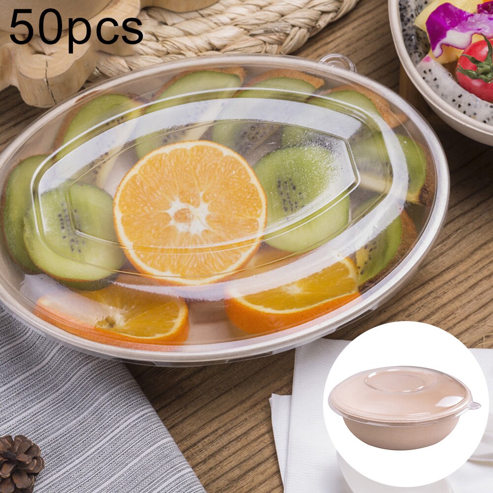 50Pcs Disposable Round Oval Bowl Kitchen Salad Snacks Picnic Container with Lid