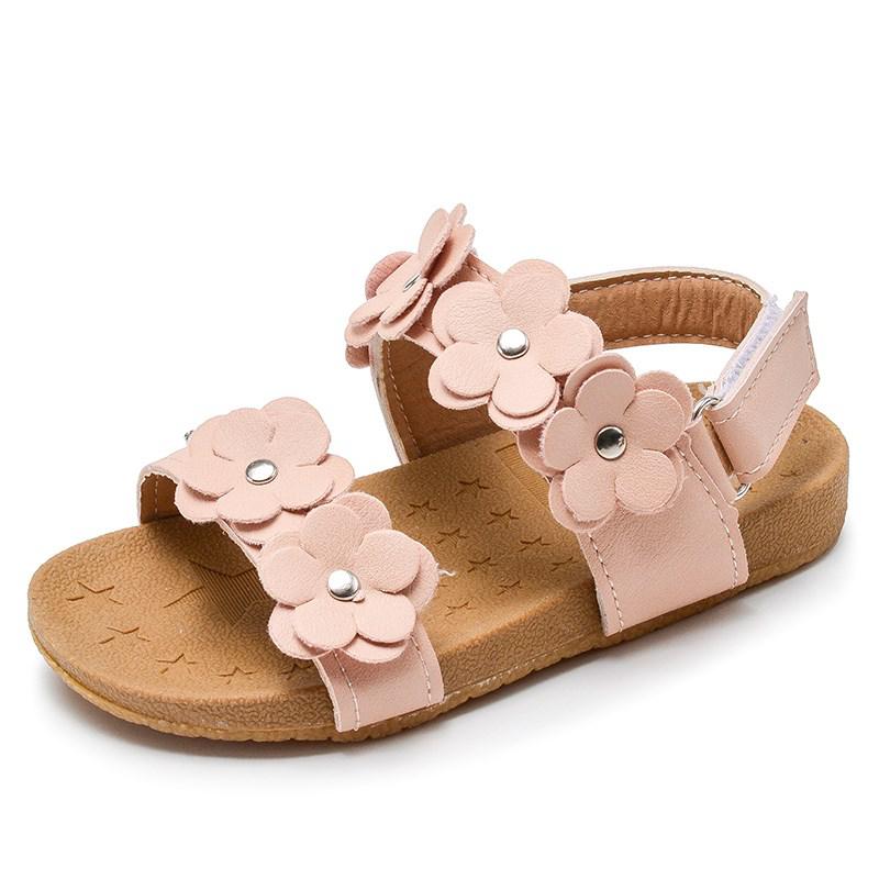 Sommer børnesandaler til piger babysandaler bløde læderblomster prinsesse pigesko børn strandsandaler småbørnssko: Lyserød / 5.5