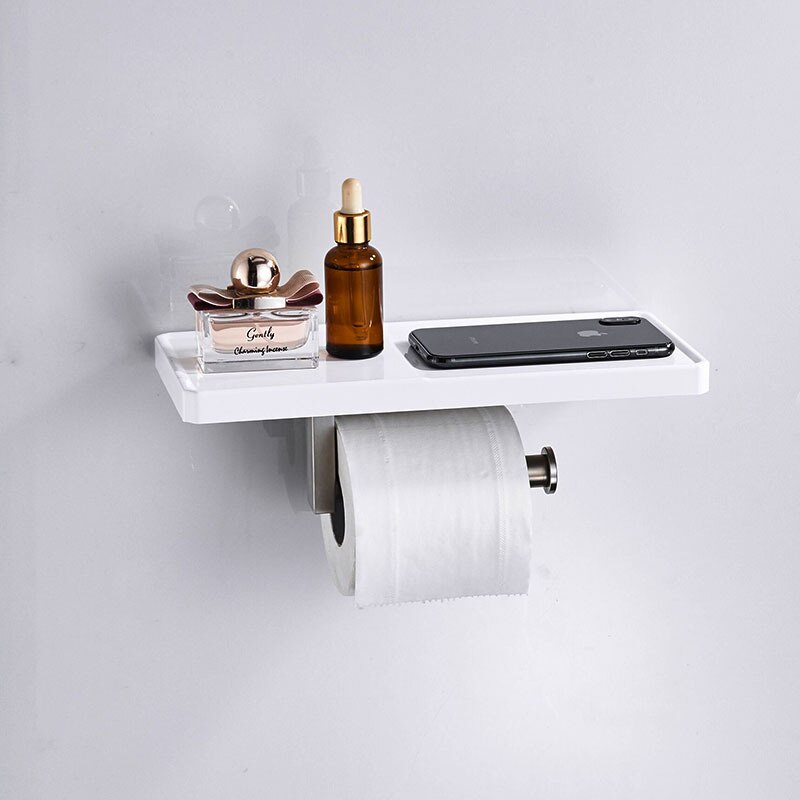 Uchwyt na papier biały żywiczny płyta i 304 ze stali nierdzewnej uchwyt na papier toaletowy półka na telefon stojak na telefon