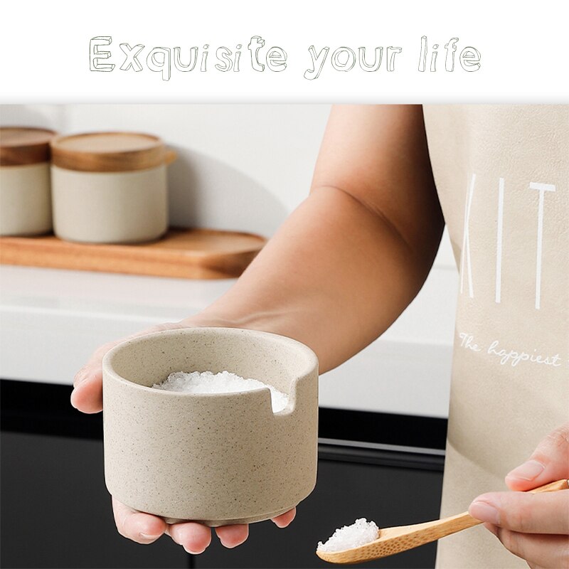 Kitchen Ceramic Jar Porcelain Seasoning Container Clay Condiment Storage Bottle Pottery Can for Salt Sugar Spice with Spoon Lid