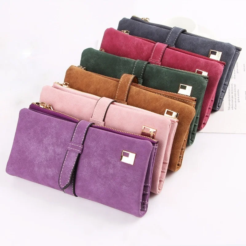 Women Wallets Drawstring Nubuck Leather Zipper Wallet Women's Long Purse Two Fold More Color Clutch