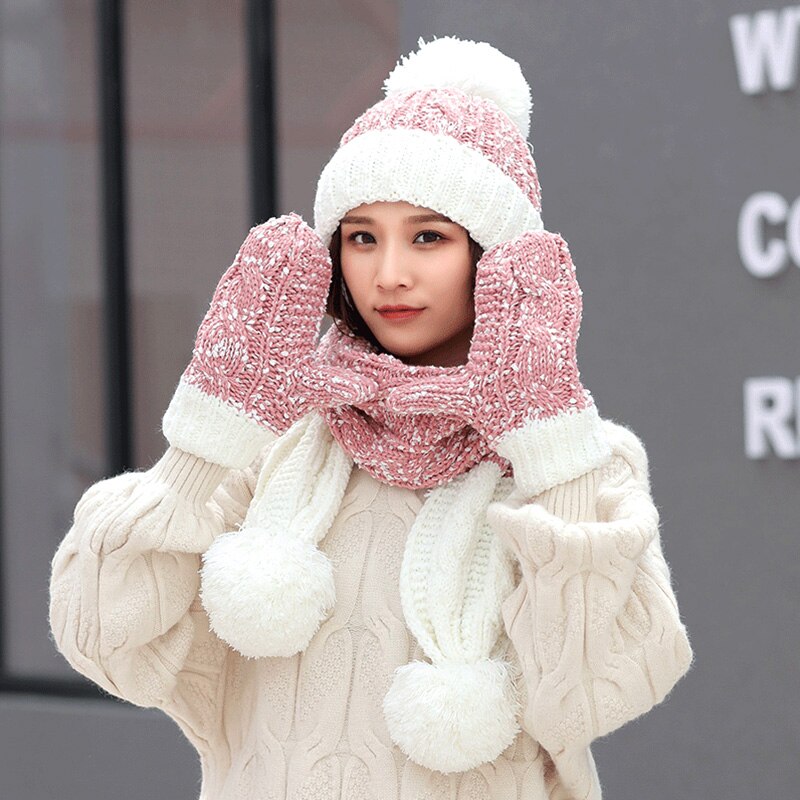 Drie Stuk Hoeden Sjaal Handschoenen Set Voor Vrouwen Hoed Herfst Winter Warm Mitten Pompom Gebreide Hoed Gilr Knit sjaal Sets