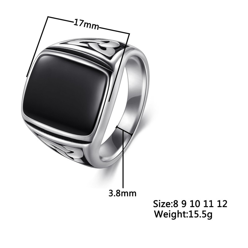 Vintage sorte onyx stenringe punk titanium stål firkantet ring mænd sølv farve til mandlige smykker vintage bryllupsfest