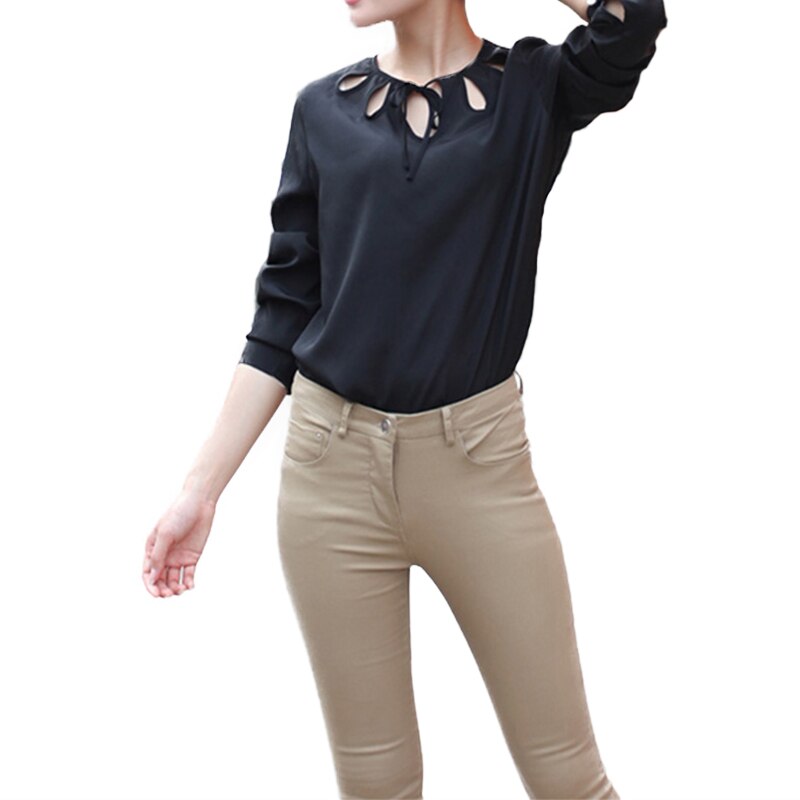 HYH HAOYIHUI otoño mujeres negro Casual gasa completo sólido cuello redondo camisa para dama: L