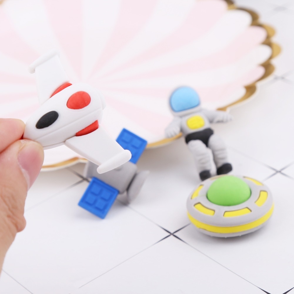 4pcs/set Flying Saucer Alien Spaceship Shaped Rubber Pencil Eraser Kids