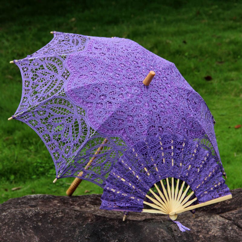 Handgemachte Braut Battenburg Spitze Sonnenschirm und Fan einstellen Hochzeit Braut Regenschirm: A0104 Violett
