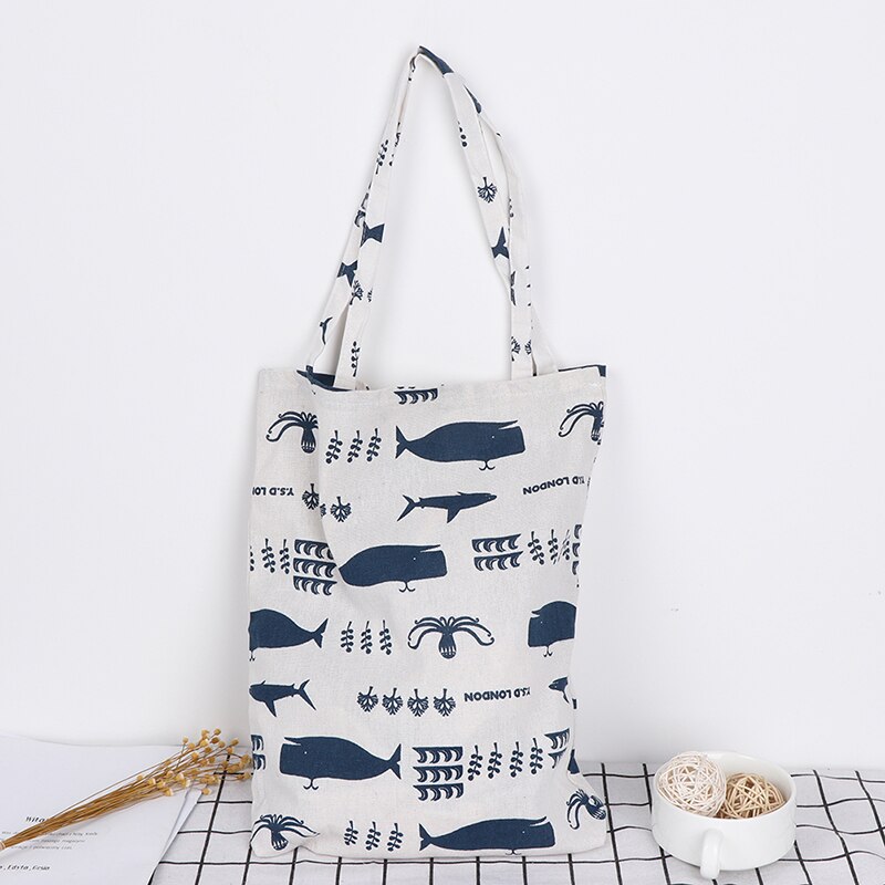 Durable 1 couche pas de doublure coton lin Shopping fourre-tout 1PC sac à bandoulière de transport imprimer baleine poulpe mer vie sacs à provisions