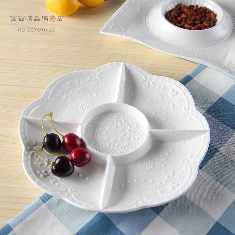Plain White Reliëf Porselein Verdeeld Platen Gerechten, Keramische Aparte Snack Serveren Gerechten, Bbq Buffet Gerechten Fruit Snoep