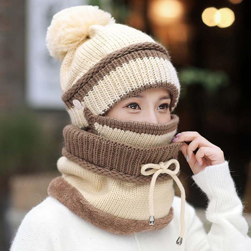 Gebreide wollen muts gebreide muts dames sportkleding plus fluweel 3 stuks/set masker sjaal set winddicht paardrijden warme buitenactiviteiten: Beige