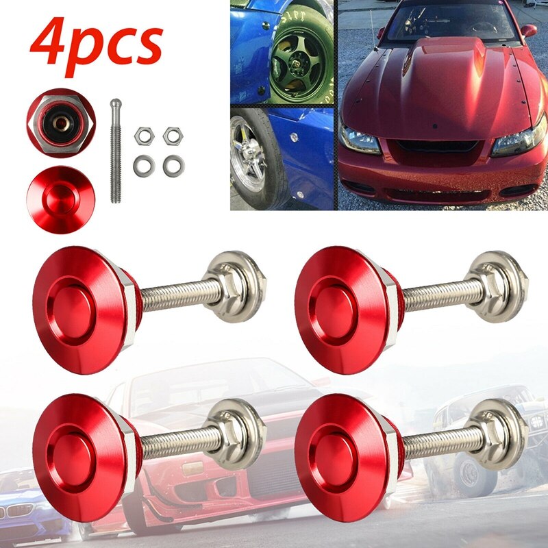 4X Quick Release Push Hood Latch Button Car Pin Bonnet Lock Bumper Clip Latches: Red