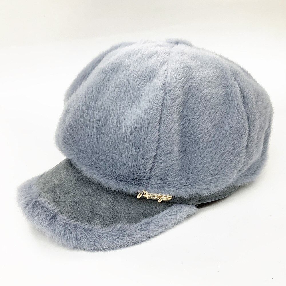 Hatte til kvinder imiteret pels plys tyknet varm ottekantet hat efterår vinter koreansk hat afslappet newsboy hætter: Blå