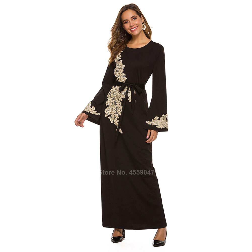 Islamisk tøj muslimsk robe til kvinder mandlige saudi arab dubai perlearbejde blomstret solid lang robe abaya cardigan bælte: Farve 1 / Xl