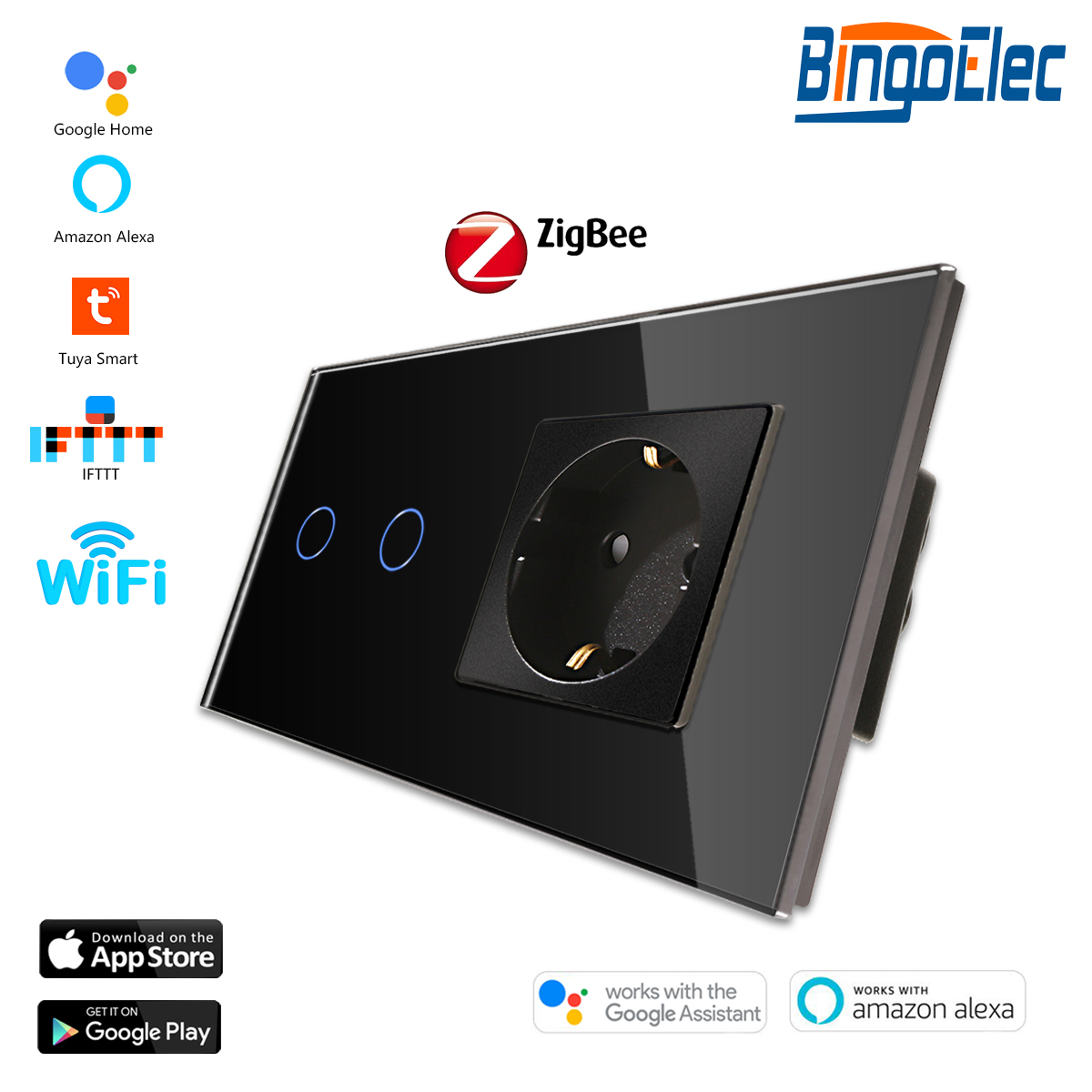 Bingoelec ZigBee Touch Switches 1/2/3Gang Smart Light Switch Google Alexa App Control with EU Standard Wall Socket: Black 2gang