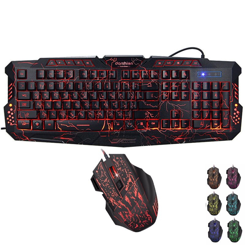 Russian keyboard mouse combo Backlit LED gaming led 3color fingerboard +Colorful gaming mouse breathing light 7 buttons 3600DPI: Russian Crack S9