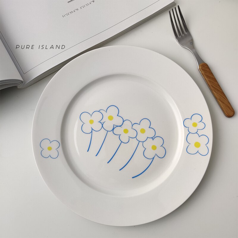 8 Inch Tableware Cute Flower Pattern Plates Ceramic Dinner Set Nordic Porcelain Dessert Plate Steak Salad Snack Cake Plates