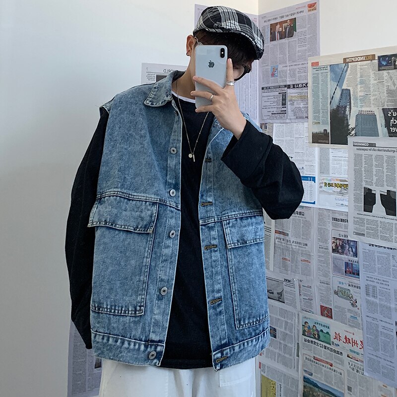 Denim gilet extensible jean gilet gilet sans manches Denim veste pour homme: Bleu / M