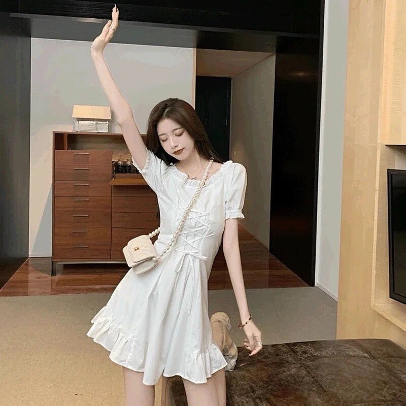 Trendy Streetwear Women Dress A-line Mini Sweet Summer Girls Cool Harajuku Puff Sleeve Empire Simple White Solid Mujer Vestido