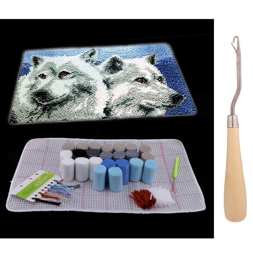 Two Wolf Latch Hook Rug Kit For Boys Embroidery Cushion Wooden Crochet Hook