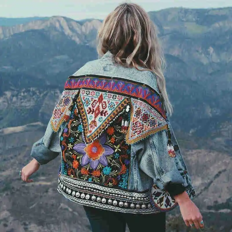 TEELYNN boho Denim jas voor vrouwen herfst bloemen applicaties Borduren vintage jas lange mouw Bovenkleding vrouwelijke jas korte jas