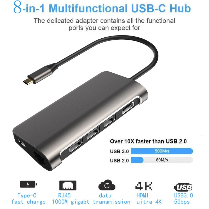 USB C Station d'accueil pour ordinateur portable USB 3.0 HDMI RJ45 Gigabit PD Fealushon pour MacBook Samsung Galaxy S9/S8/S8 + station d'accueil de Type C