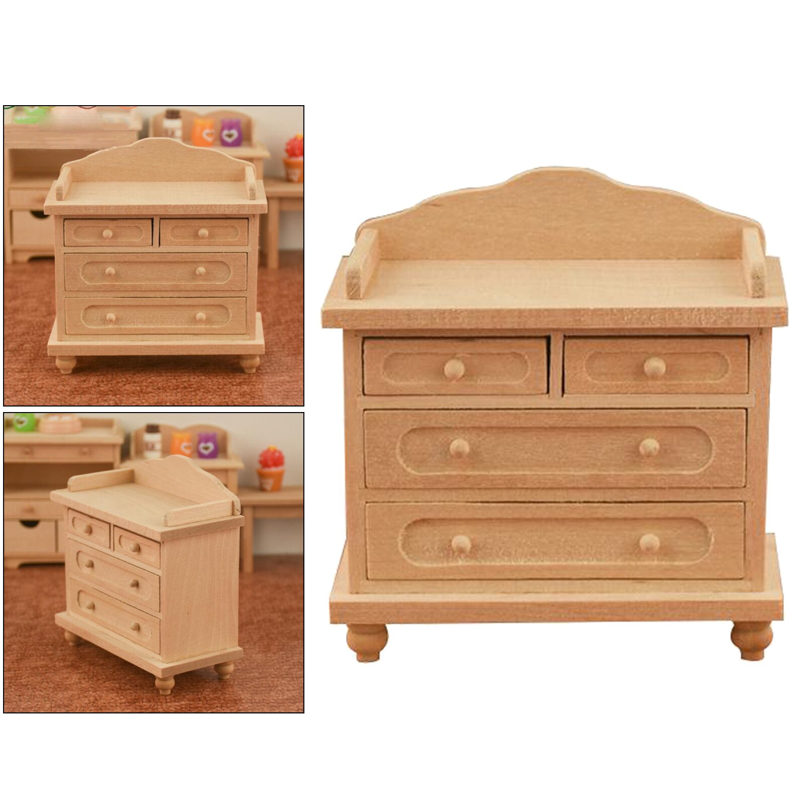 1/12 Scale Dolls House Handmade Classic Solid Wood Unpainted Nightstand TV Cabinet with Drawer Bedroom Decor Toy