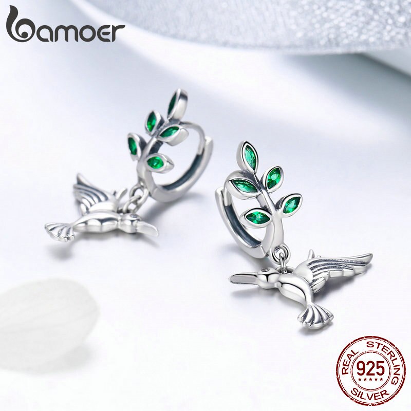 BAMOER 100% Genuine 925 Sterling Silver Hummingbirds Greetings Bird Stud Earrings for Women Earrings Jewelry SCE464