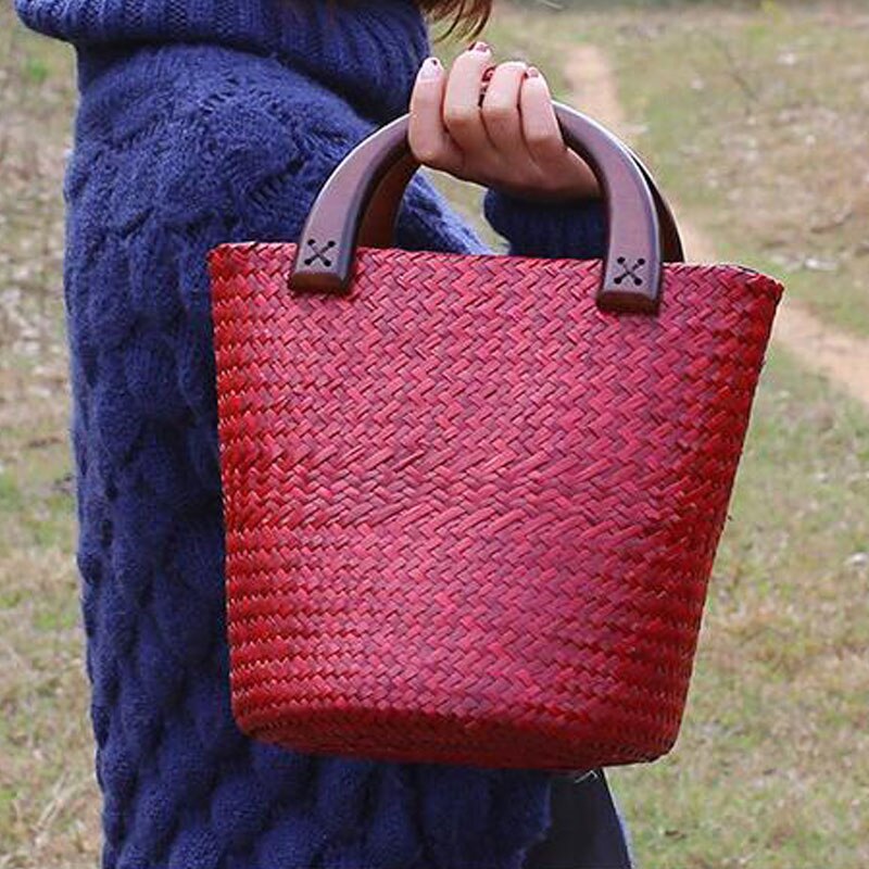Håndlavet træhåndtag halmpose vintage vævede håndtasker kystferiepose rattan spandpose: D 32 cm x 12 cm x 21cm