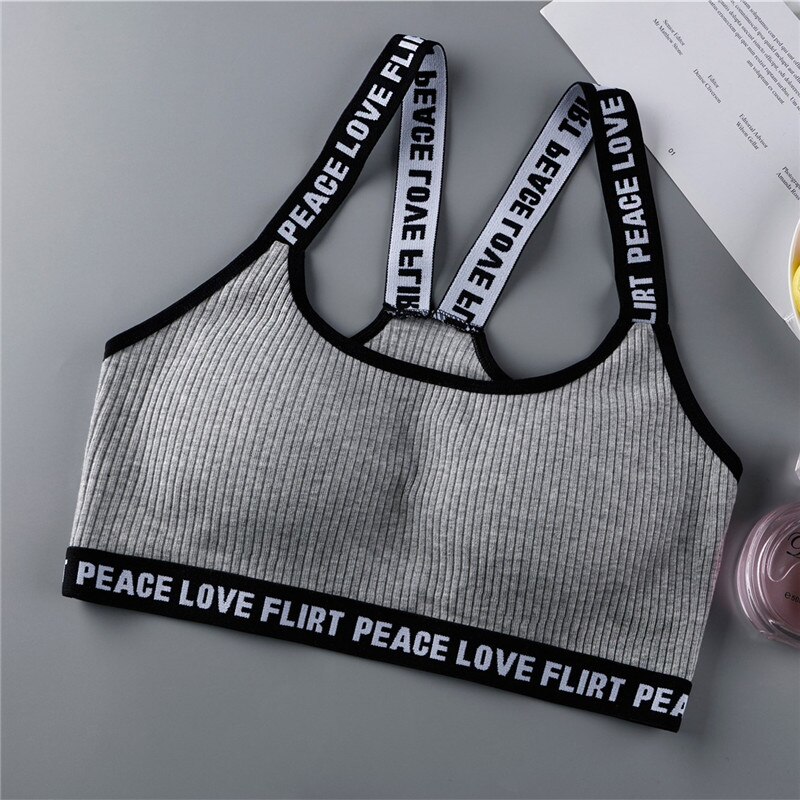 Brev teenager piger sports bh'er bomuld lille vest kvinder tanks jogging gym yoga undertøj teen træning cross back bh'er: Grå