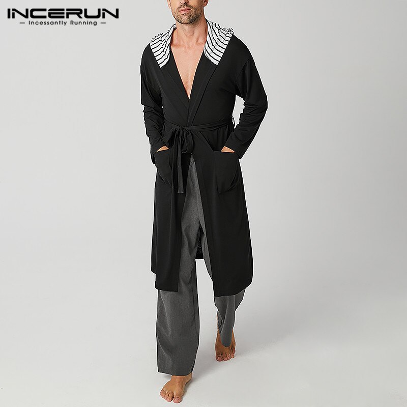 Long Sleeve Hooded Homewear Casual Pockets Comfy Bathrobe INCERUN Men Patchwork Sleep Robes Man Lace Up Nightgown 5XL 7