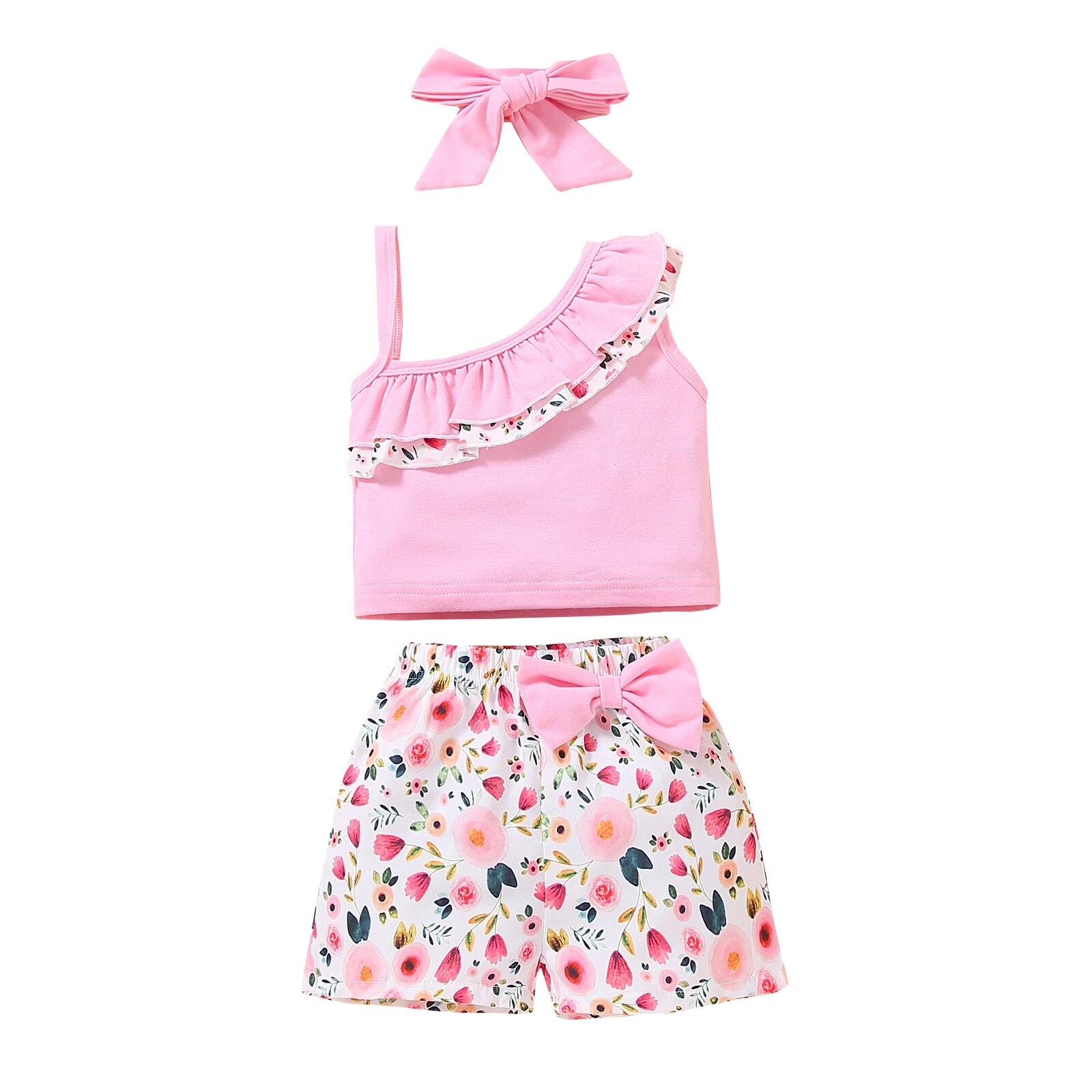 Meisje Zomer Drie Delige Set Mode Ruches Jarretel Tops En Bloem Boog Korte Broek Met Hoofdband: Roze / 4T